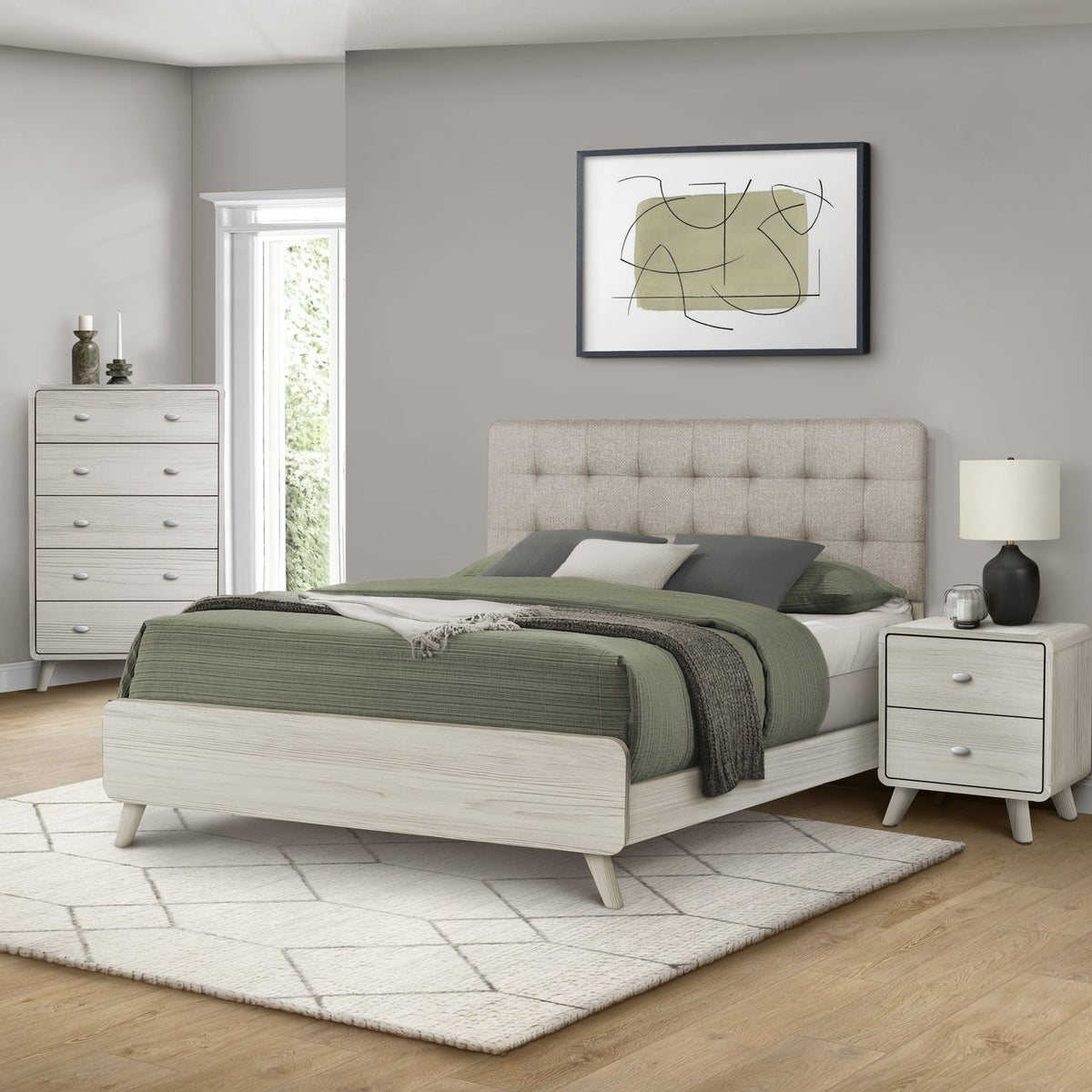 BEDROOM SET - QUEEN SIZE BED / BEIGE FABRIC GREY OAK FINISH