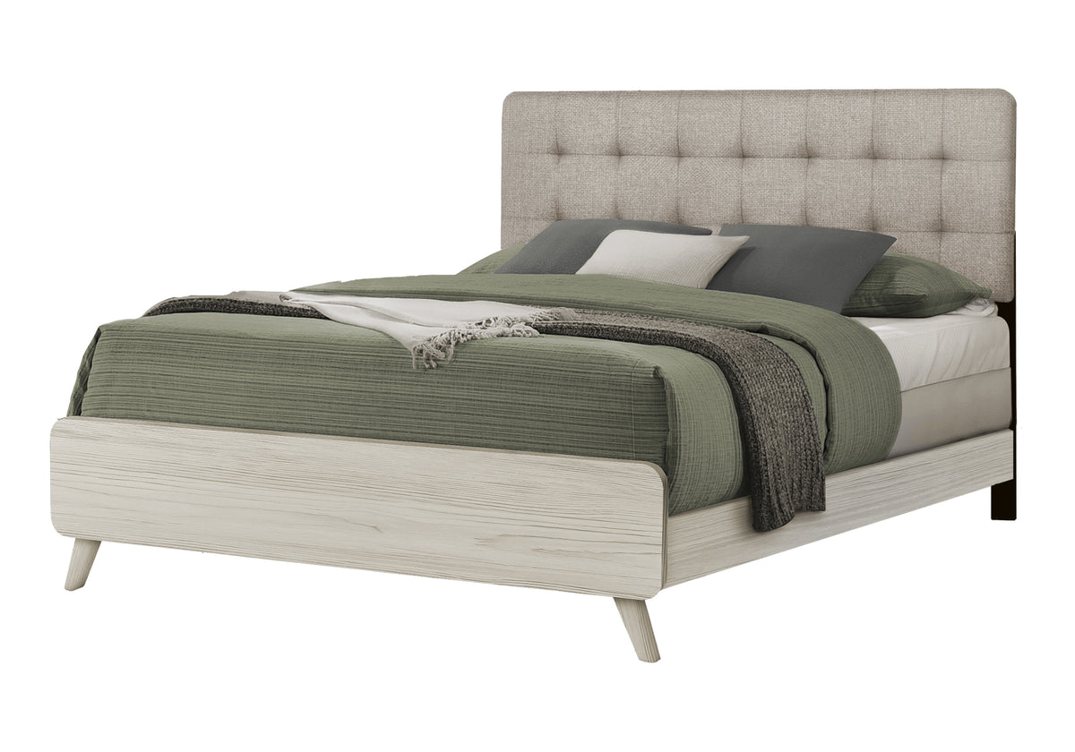 BEDROOM SET - QUEEN SIZE BED / BEIGE FABRIC GREY OAK FINISH