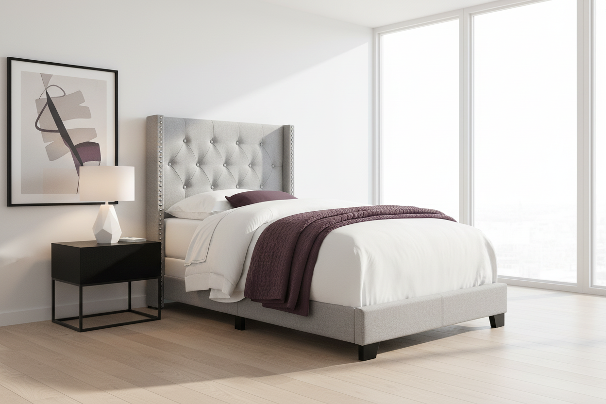 BED - TWIN SIZE / GREY LINEN WITH CHROME TRIM