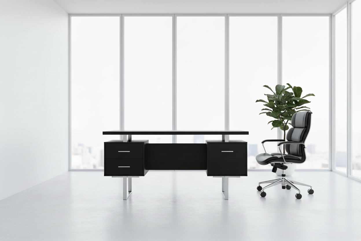 BUREAU D'ORDINATEUR - 60"L / ESPRESSO / MÉTAL ARGENTÉ