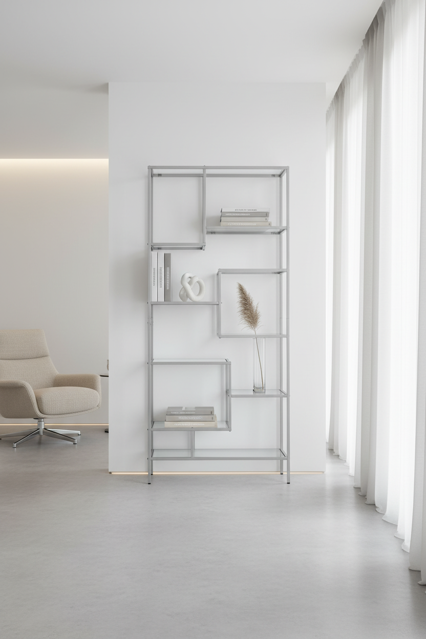 BOOKCASE - 72"H / SILVER METAL WITH TEMPERED GLASS