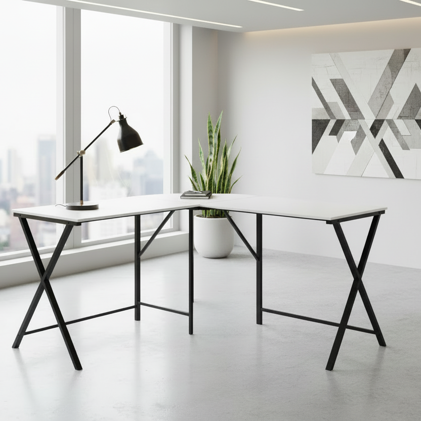 COMPUTER DESK - 55"L / WHITE TOP / BLACK METAL CORNER