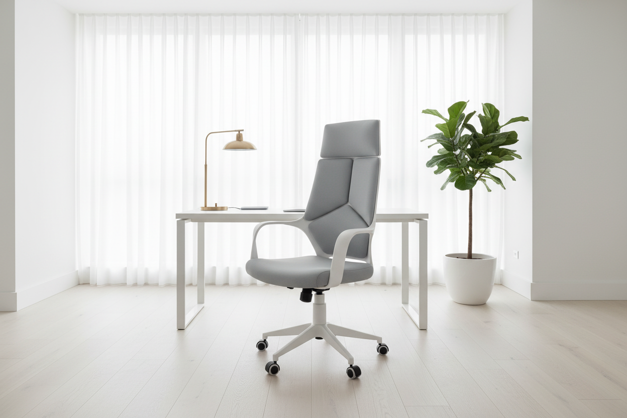 CHAISE DE BUREAU - TISSU BLANC / GRIS / DOSSIER HAUT EXECUTIVE