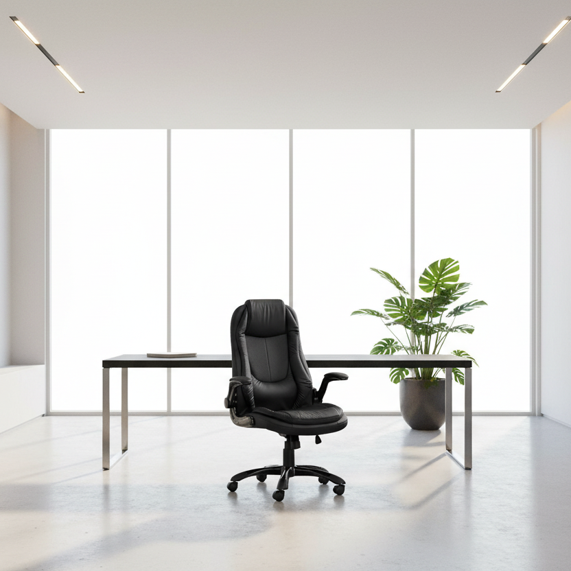 OFFICE CHAIR - BLACK LEATHER-LOOK / HIGH BACK EXECUTIVE