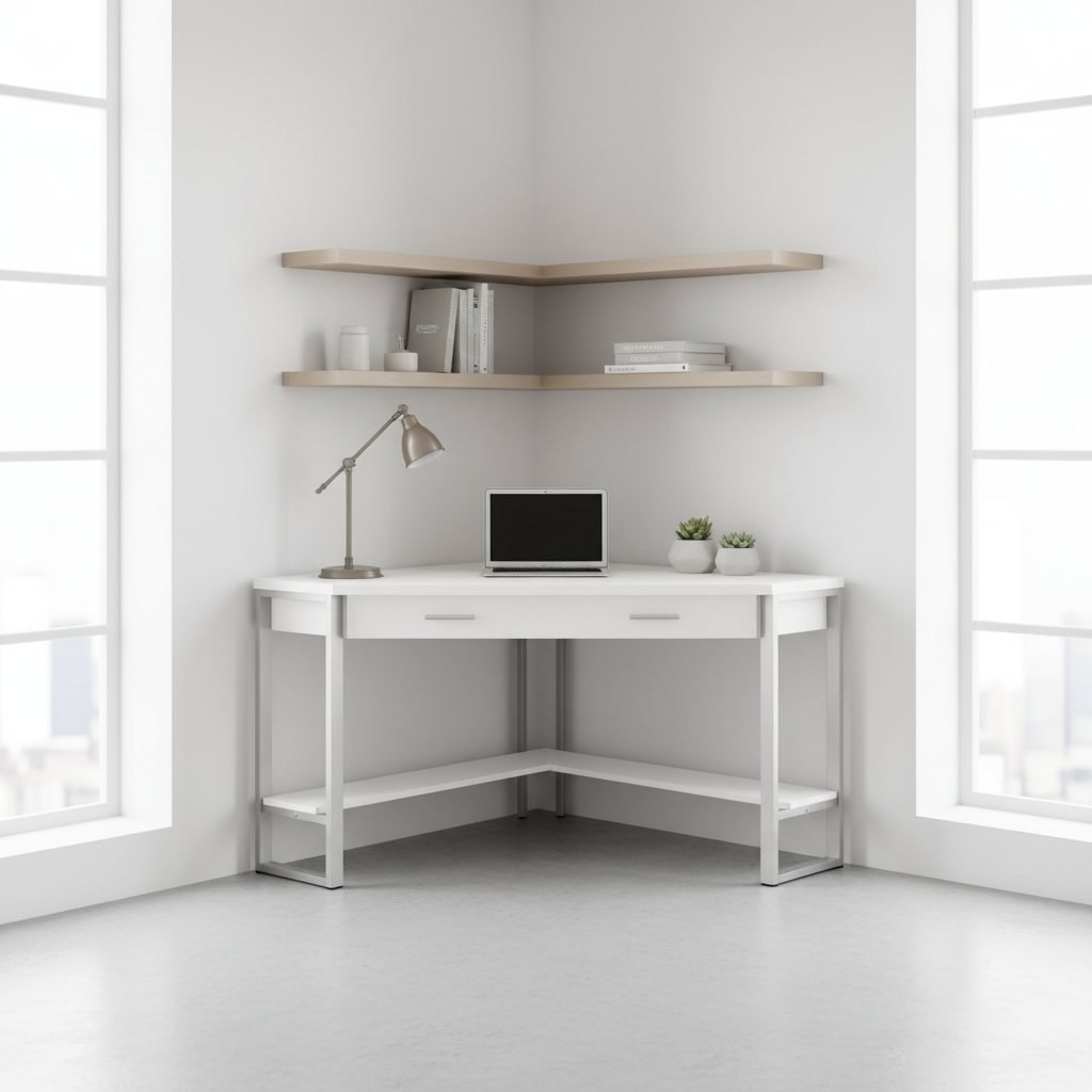 BUREAU D'ORDINATEUR - 42"L / COIN BLANC / MÉTAL ARGENTÉ
