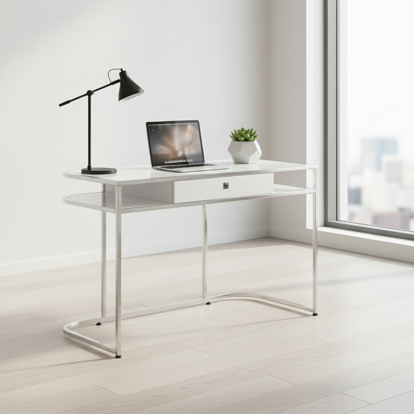 BUREAU D'ORDINATEUR - 48"L / BLANC BRILLANT / MÉTAL CHROME