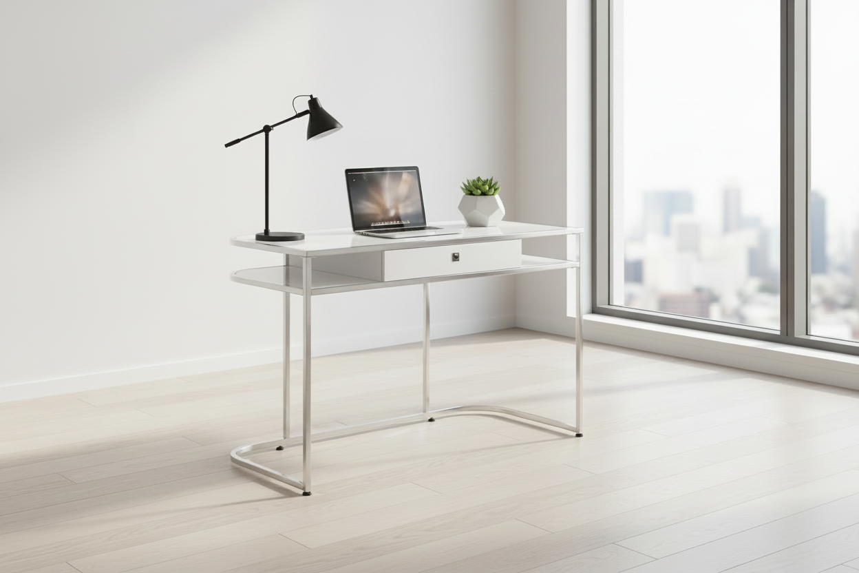 BUREAU D'ORDINATEUR - 48"L / BLANC BRILLANT / MÉTAL CHROME
