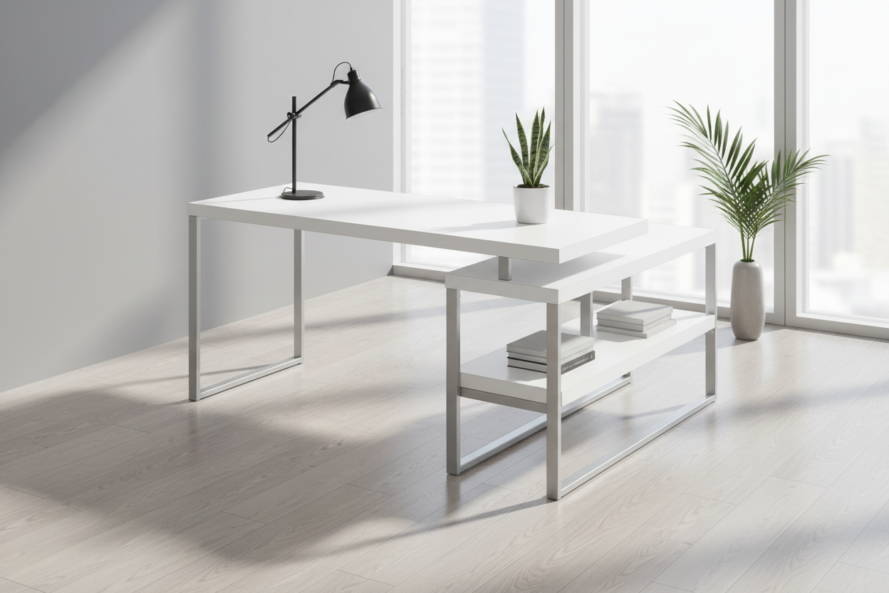 BUREAU D'ORDINATEUR - 60"L / BLANC / MÉTAL ARGENTÉ COIN G/D