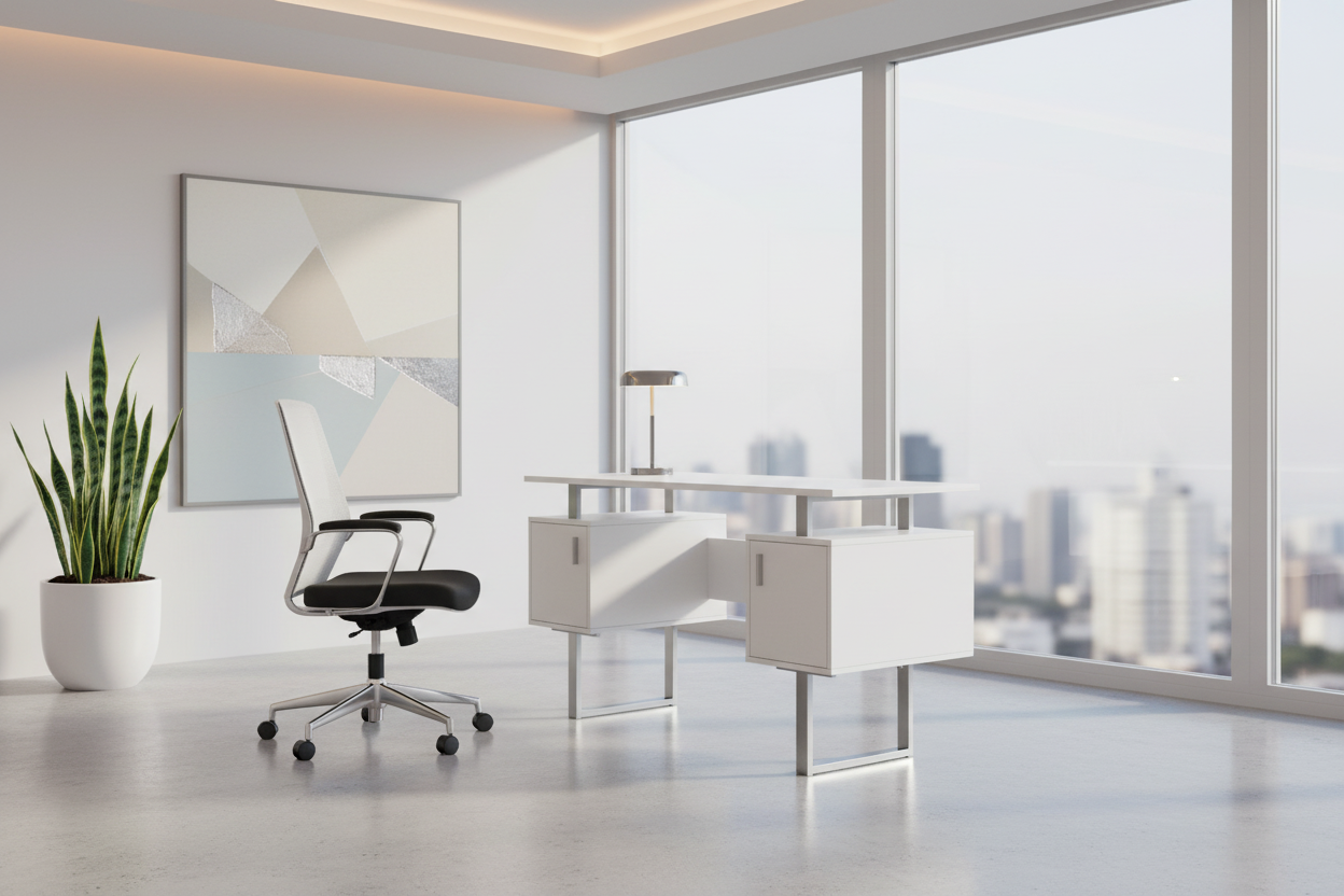 BUREAU D'ORDINATEUR - 48"L / BLANC / MÉTAL ARGENTÉ