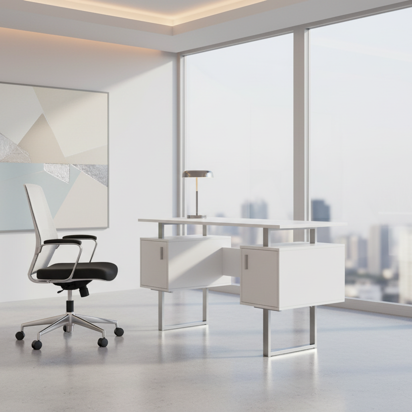 BUREAU D'ORDINATEUR - 48"L / BLANC / MÉTAL ARGENTÉ