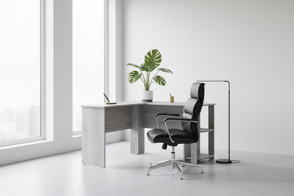 BUREAU D'ORDINATEUR - GRIS INDUSTRIEL EN L D'ANGLE/2 ÉTAGÈRES