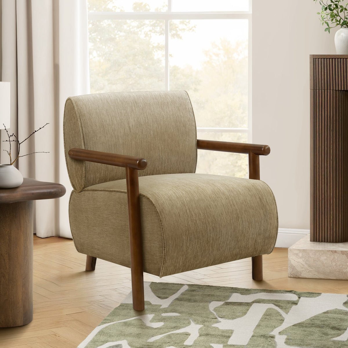 ACCENT CHAIR - 31"H / LIGHT BROWN FABRIC / WALNUT WOOD