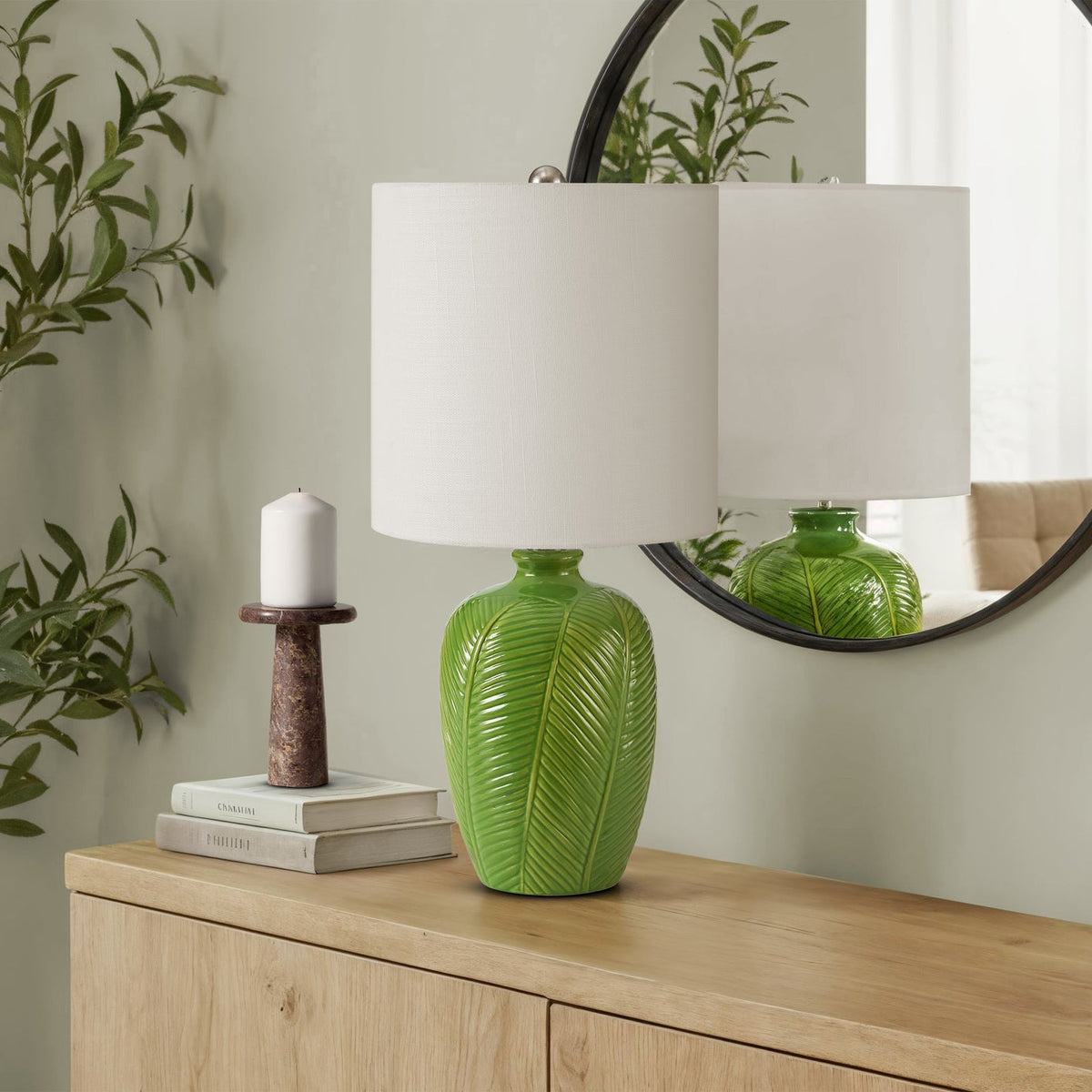 LIGHTING - 19"H TABLE LAMP GREEN CERAMIC / WHITE SHADE