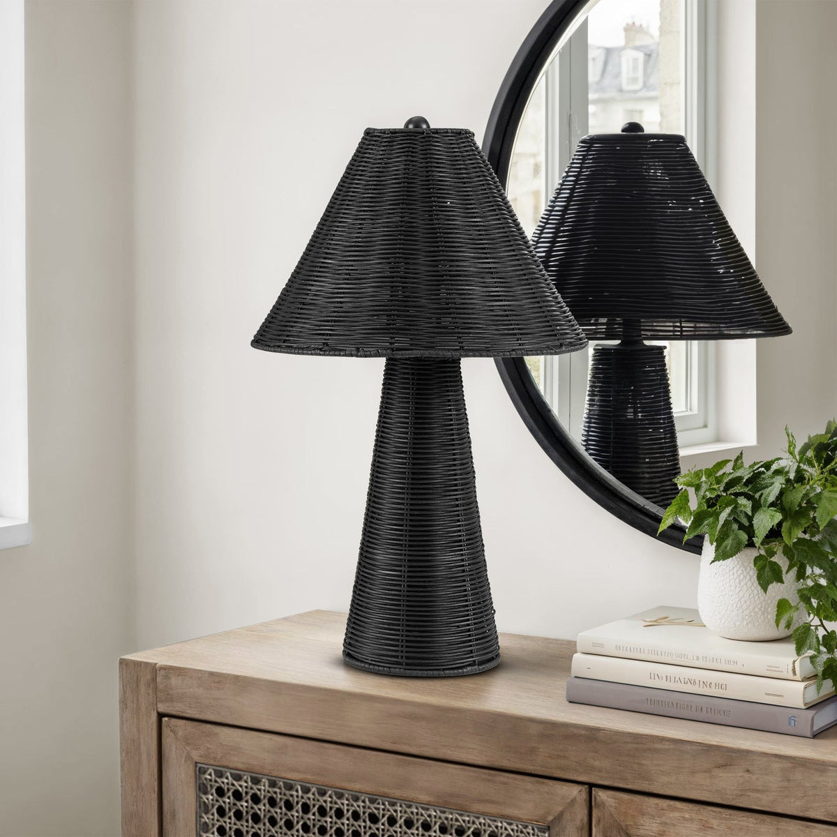LIGHTING - 21"H TABLE LAMP BLACK RATTAN / BLACK SHADE