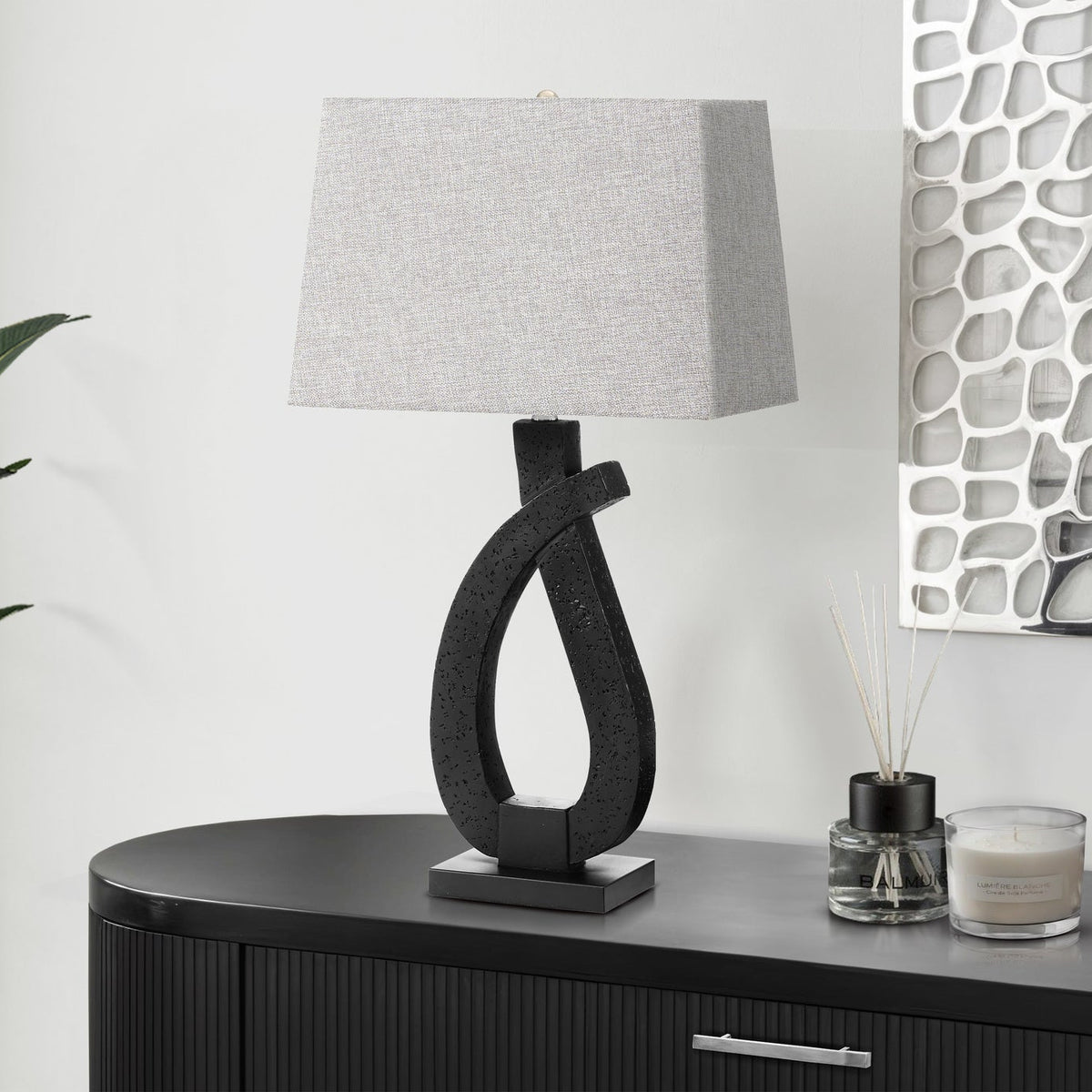 LIGHTING - 30"H TABLE LAMP BLACK RESIN / GREY SHADE