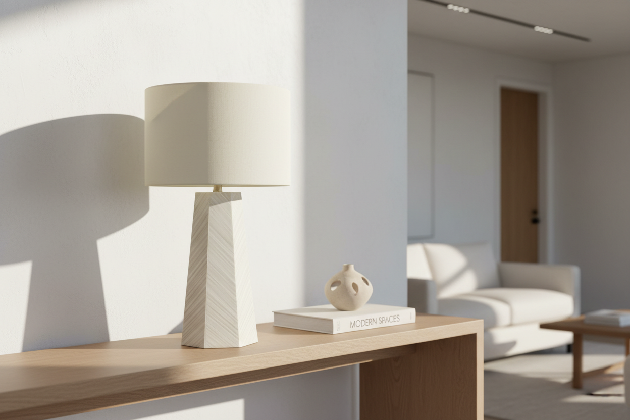 ÉCLAIRAGE - LAMPE DE TABLE 29"H EN CÉRAMIQUE BLANCHE IVOIRE / ABAT-JOUR CRÈME