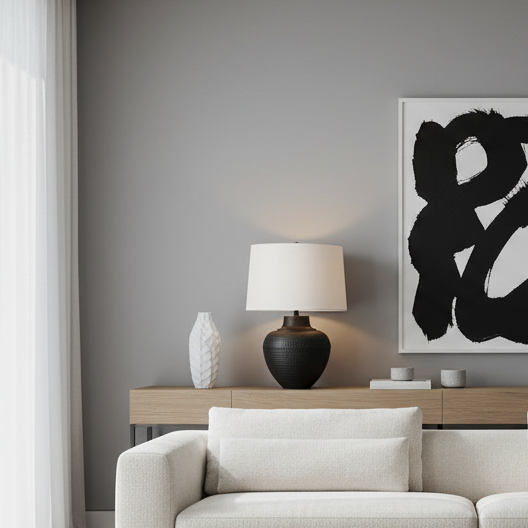 ÉCLAIRAGE - LAMPE DE TABLE 26"H MÉTAL NOIR IVOIRE / ABAT-JOUR CRÈME