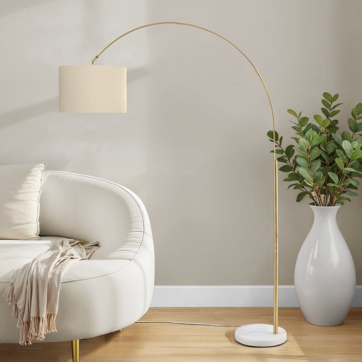 LIGHTING - 79"H ARC FLOOR LAMP BRASS METAL / BEIGE SHADE