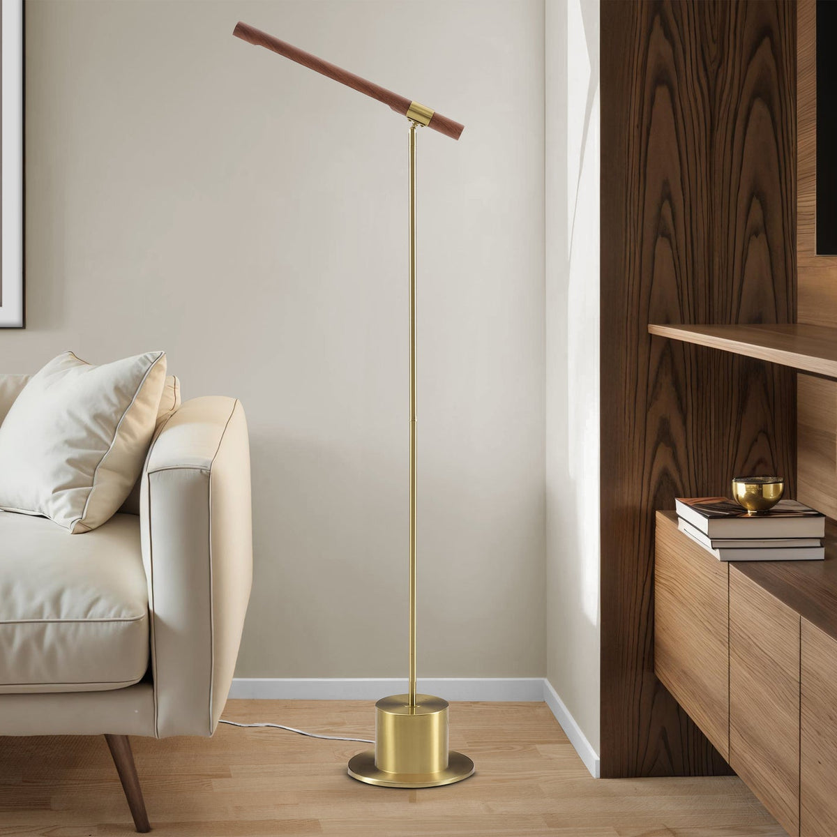 LIGHTING - 65"H FLOOR LAMP ANTIQUE BRASS METAL / WOOD SHADE