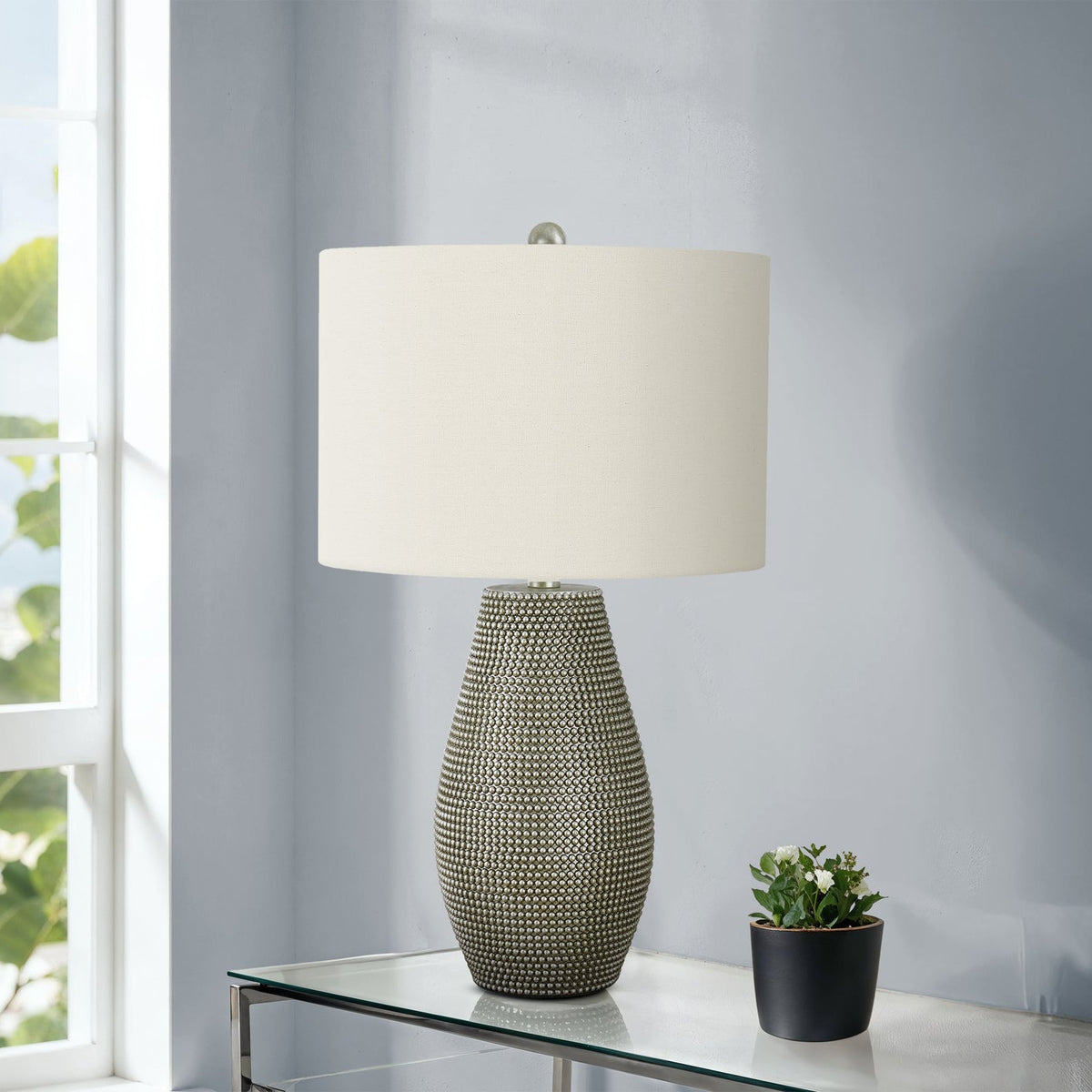 LIGHTING - 24"H TABLE LAMP GREY RESIN / IVORY SHADE
