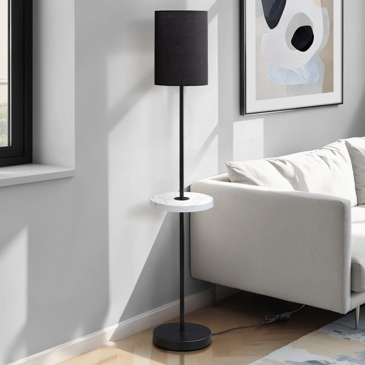 LIGHTING - 62"H FLOOR LAMP BLACK METAL / BLACK SHADE / USB