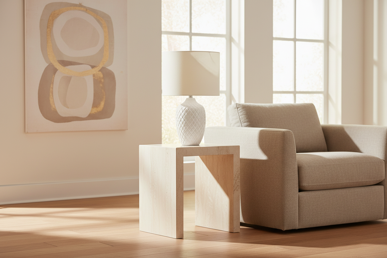 ÉCLAIRAGE - LAMPE DE TABLE 25"H CÉRAMIQUE CRÈME IVOIRE / ABAT-JOUR CRÈME