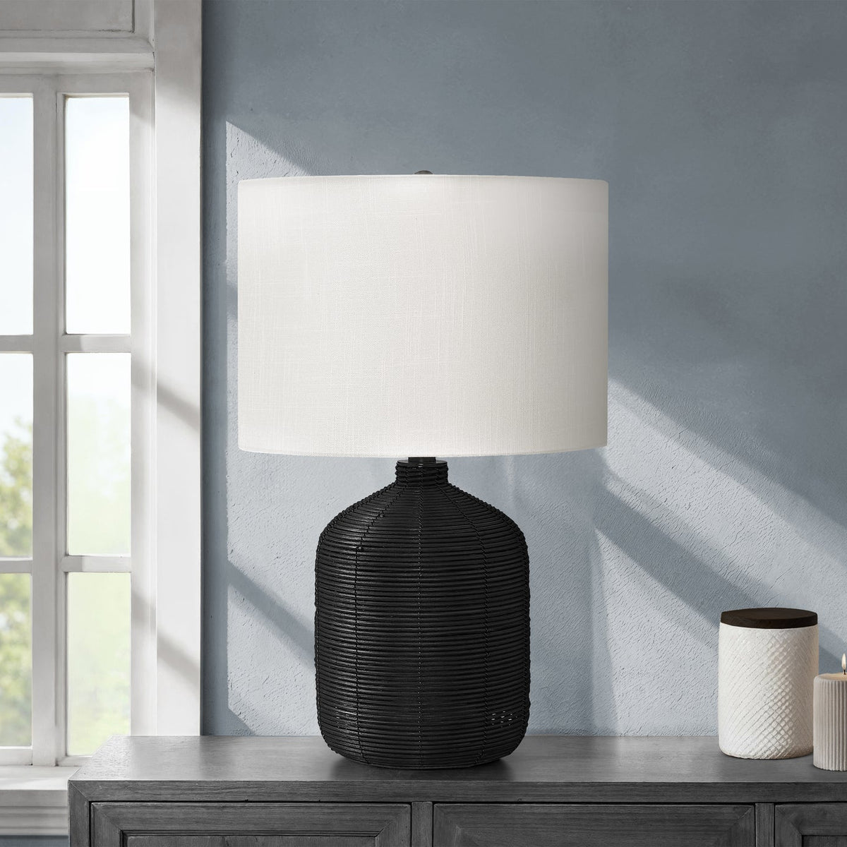 LIGHTING - 23"H TABLE LAMP BLACK RATTAN / IVORY SHADE