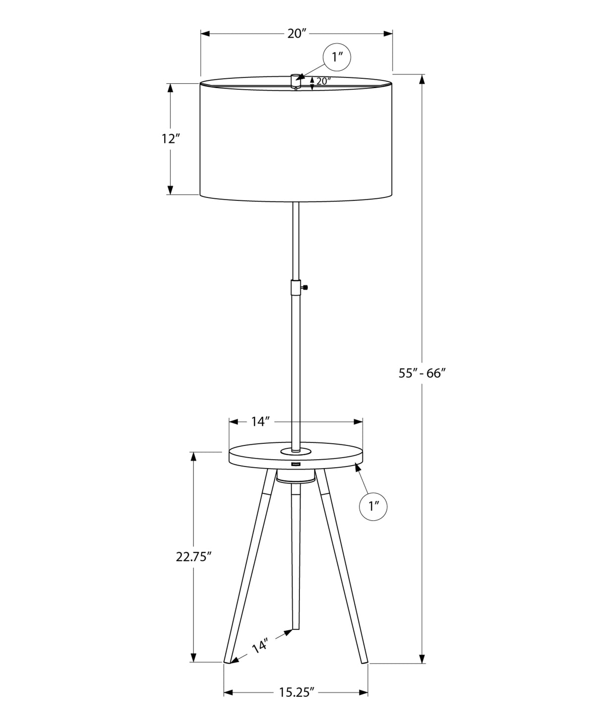 LIGHTING - 63"H TRIPOD FLOOR LAMP BLACK METAL / USB