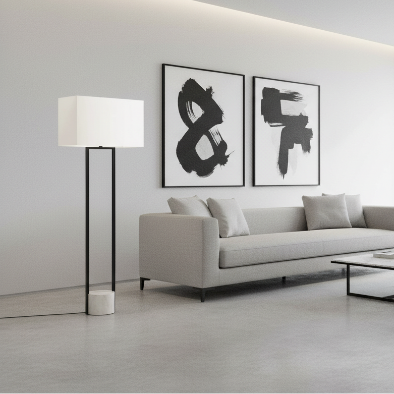 LIGHTING - 62"H FLOOR LAMP BLACK METAL IVORY / CREAM SHADE