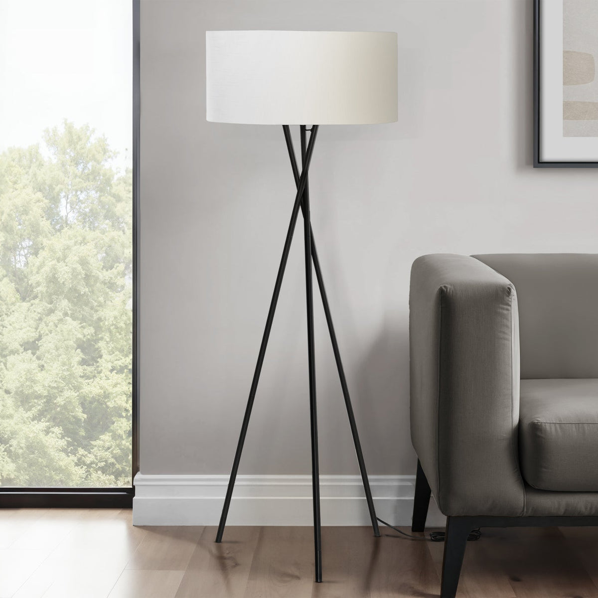 LIGHTING - 62"H TRIPOD FLOOR LAMP BLACK METAL / IVORY
