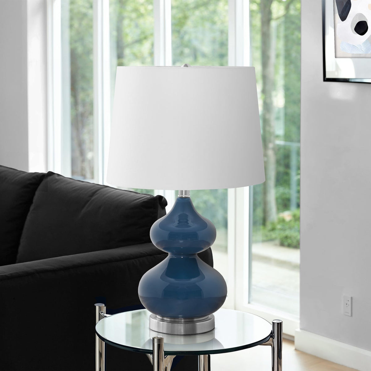LIGHTING - 24"H TABLE LAMP BLUE GLASS / IVORY SHADE