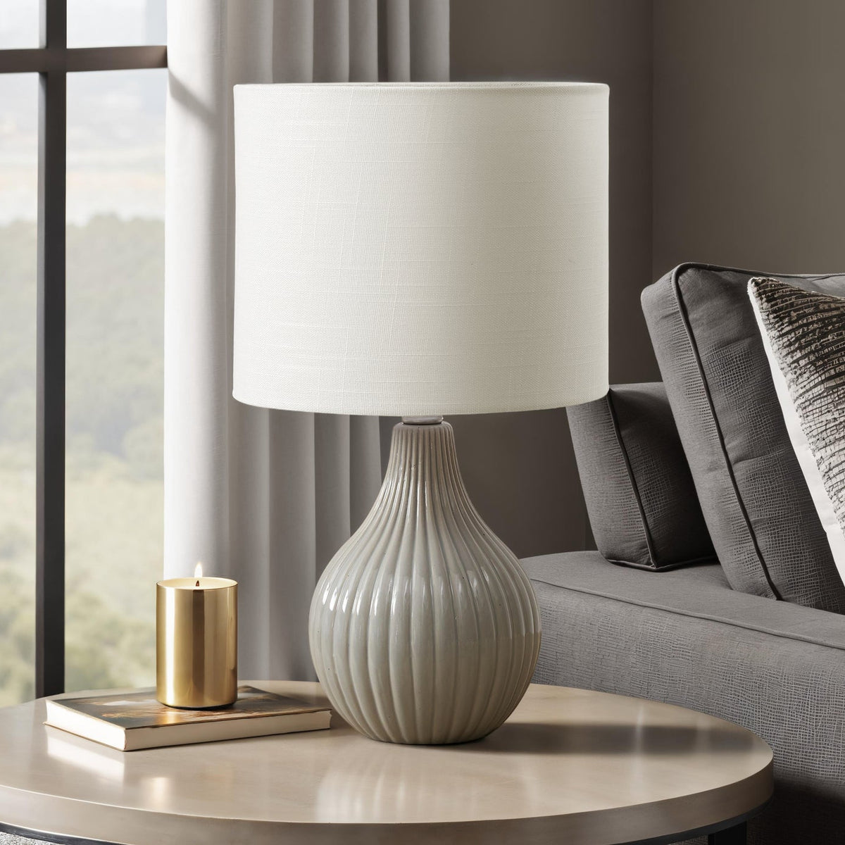 LIGHTING - 17"H TABLE LAMP GREY CERAMIC / IVORY SHADE