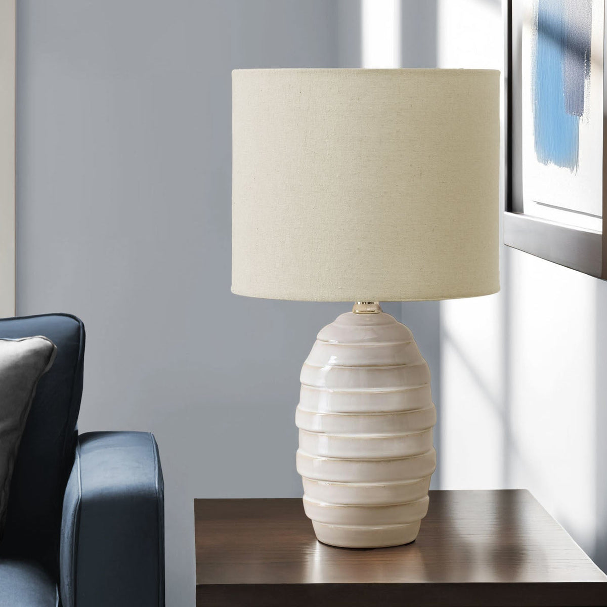 LIGHTING - 17"H TABLE LAMP IVORY CERAMIC / BEIGE SHADE