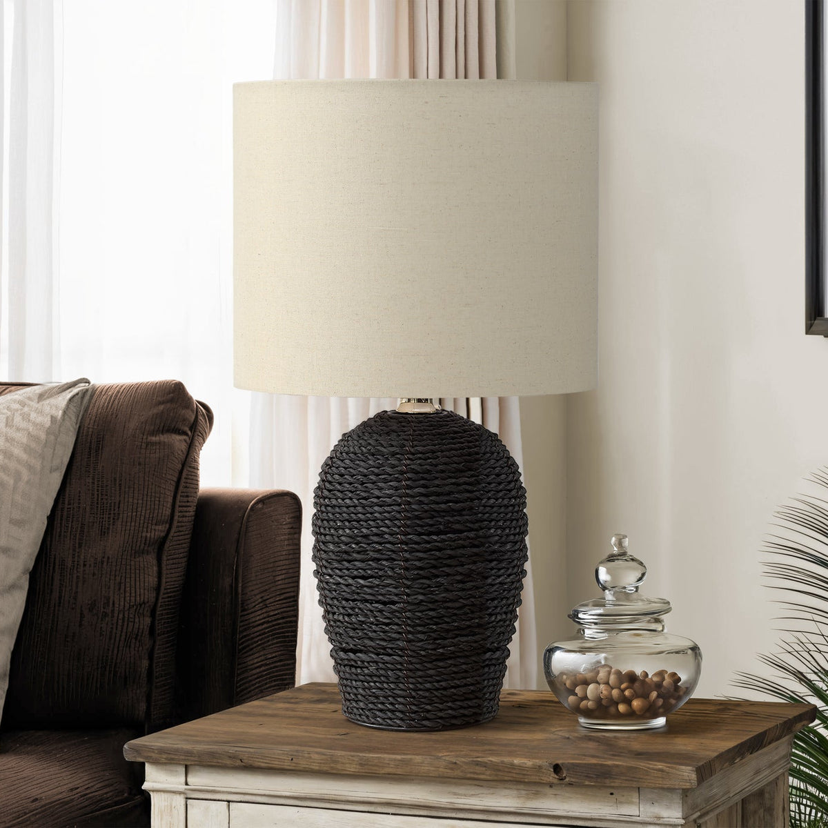 LIGHTING - 17"H TABLE LAMP BLACK RATTAN / BEIGE SHADE