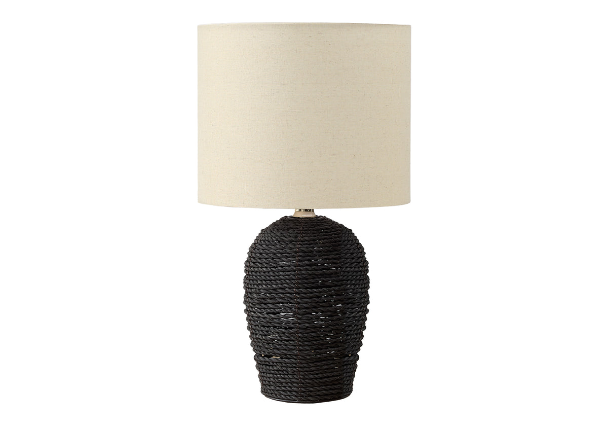 LIGHTING - 17"H TABLE LAMP BLACK RATTAN / BEIGE SHADE