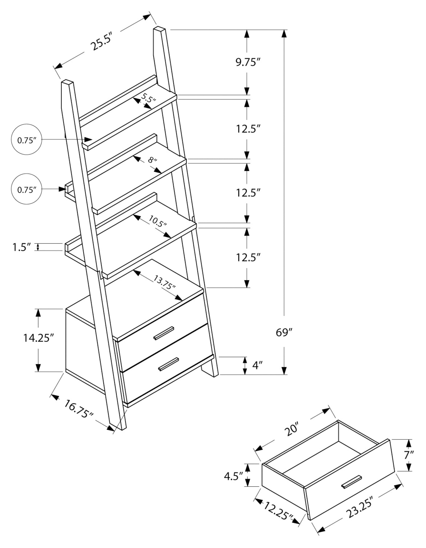 BOOKCASE - 69"H / ESPRESSO LADDER W/ 2 STORAGE DRAWERS