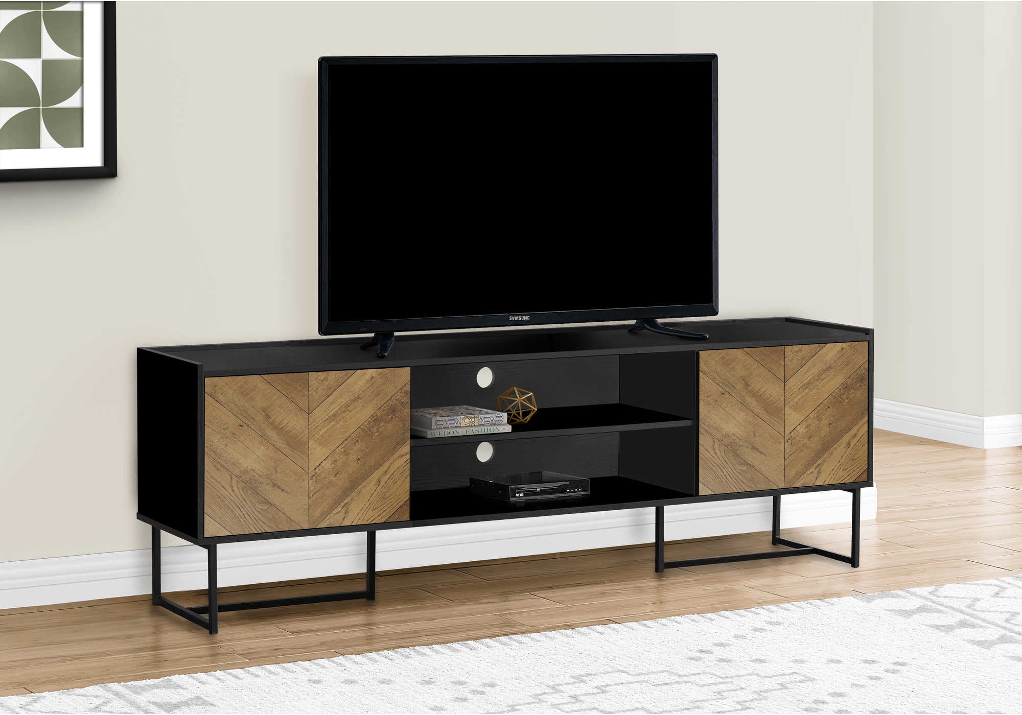 MEUBLE TV - 72"L / NOIR / MÉTAL AVEC 2 PORTES ASPECT BOIS