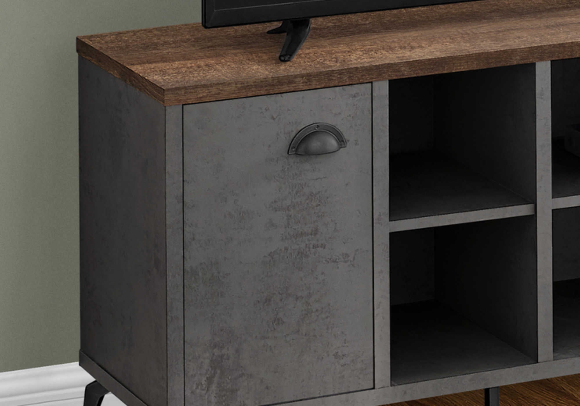 TV STAND - 48"L / GREY CONCRETE / MEDIUM BROWN RECLAIMED