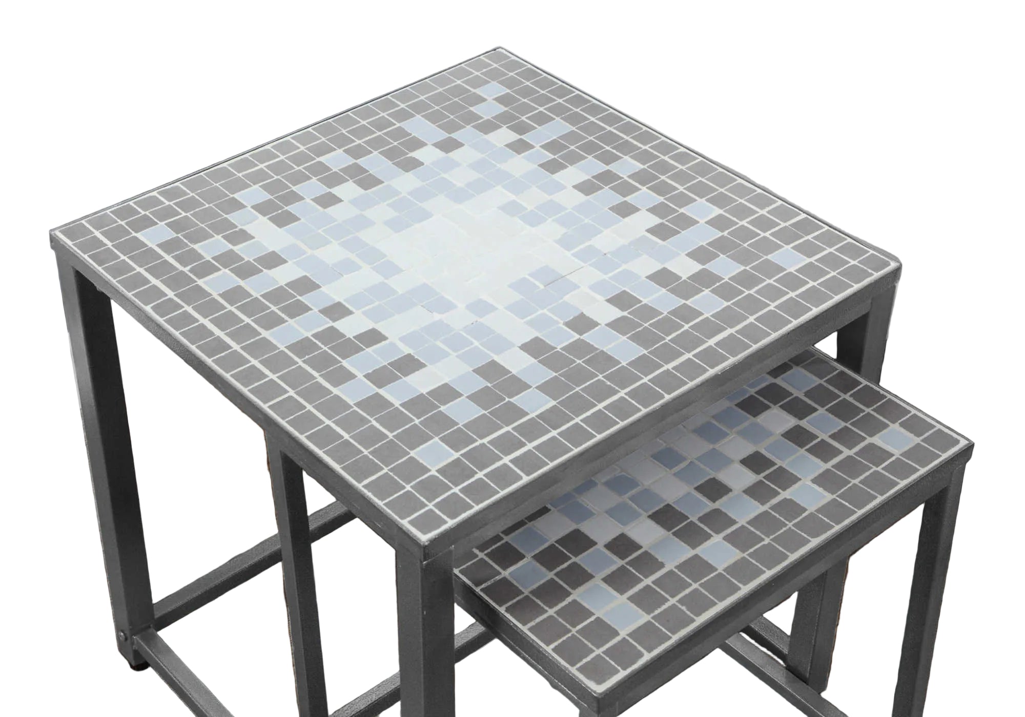 TABLES GIGOGNES - ENSEMBLE 2 PIÈCES / GRIS / PLATEAU CARREAUX BLEU / ARGENT