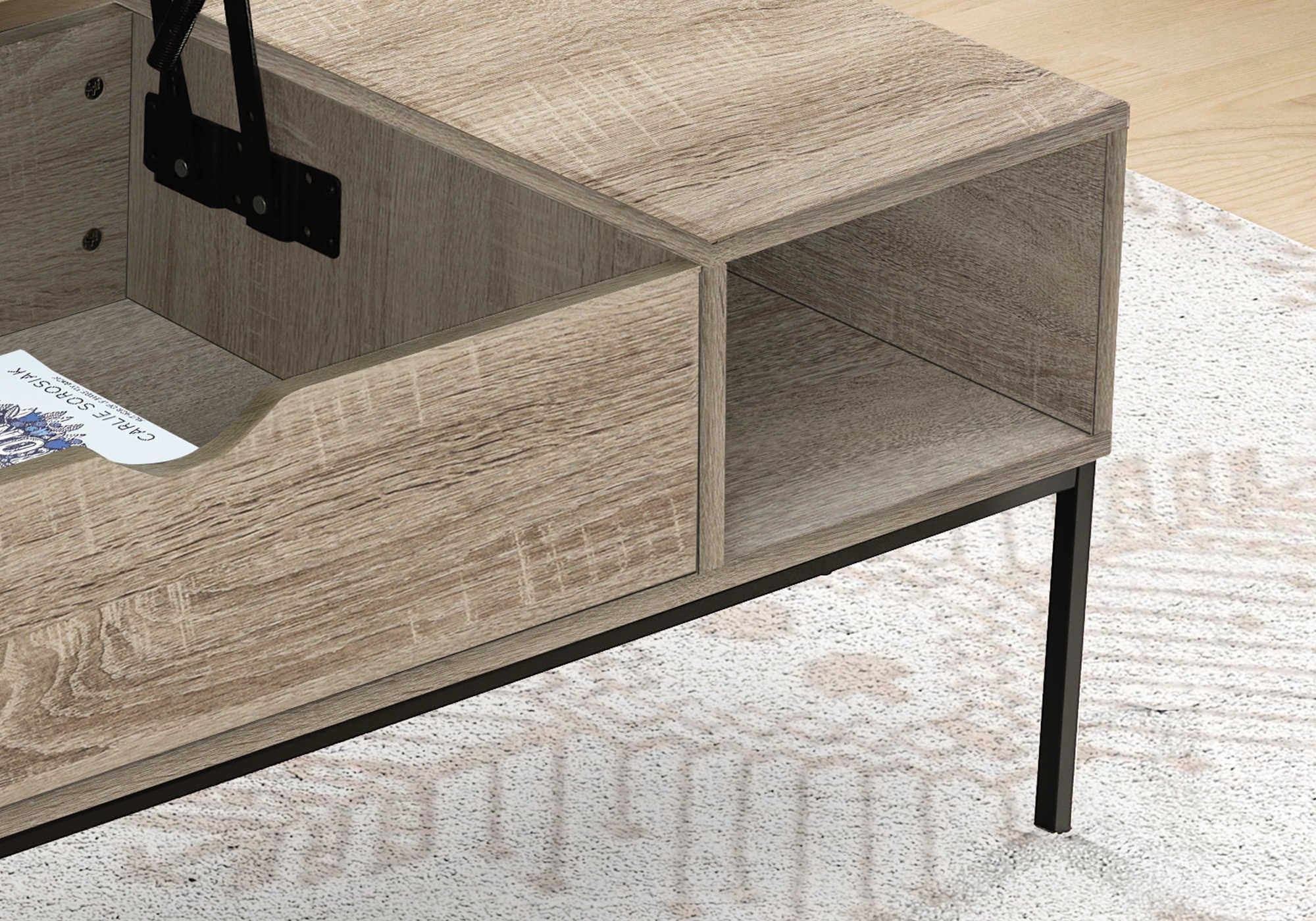 TABLE BASSE - 42"L / PLATEAU RELEVABLE TAUPE FONCÉ / MÉTAL NOIR