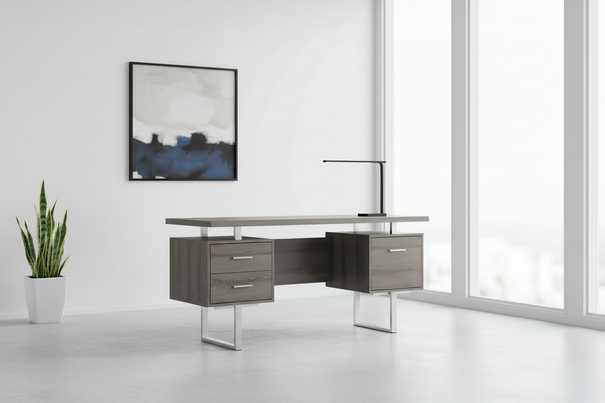BUREAU D'ORDINATEUR - 60"L / ESPRESSO / MÉTAL ARGENTÉ