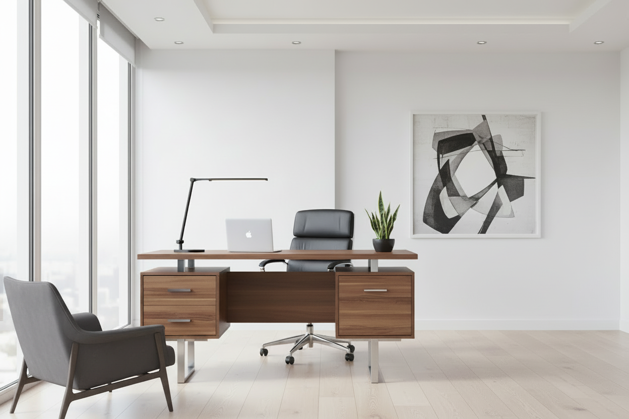 BUREAU D'ORDINATEUR - 60"L / ESPRESSO / MÉTAL ARGENTÉ