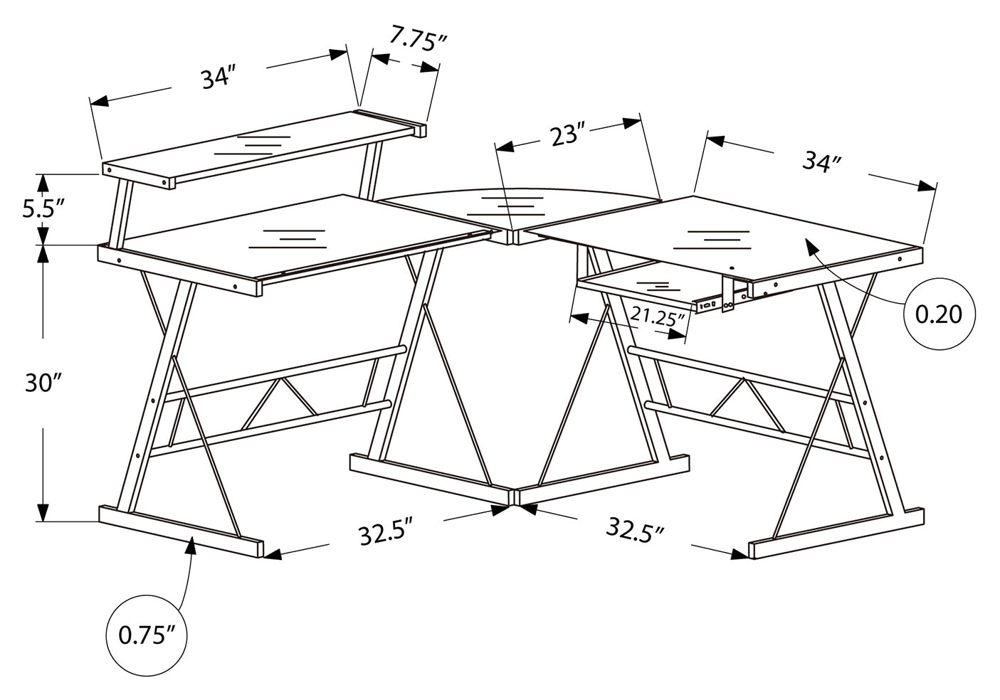 COMPUTER DESK - BLACK METAL CORNER WITH TEMPERED GLASS