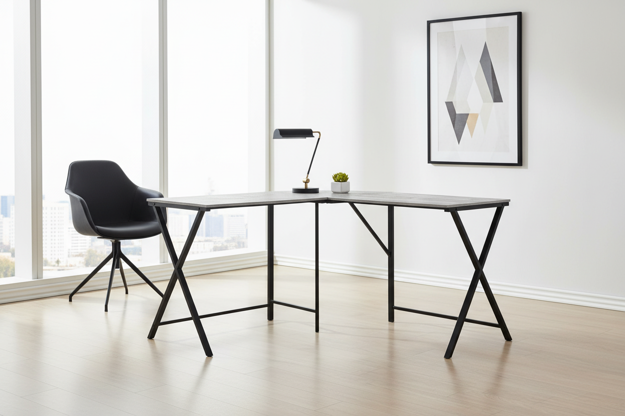 COMPUTER DESK - 55"L / WHITE TOP / BLACK METAL CORNER