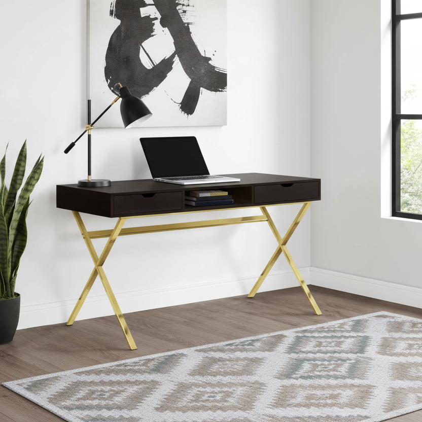 BUREAU D'ORDINATEUR - 48"L / ESPRESSO / MÉTAL DORÉ