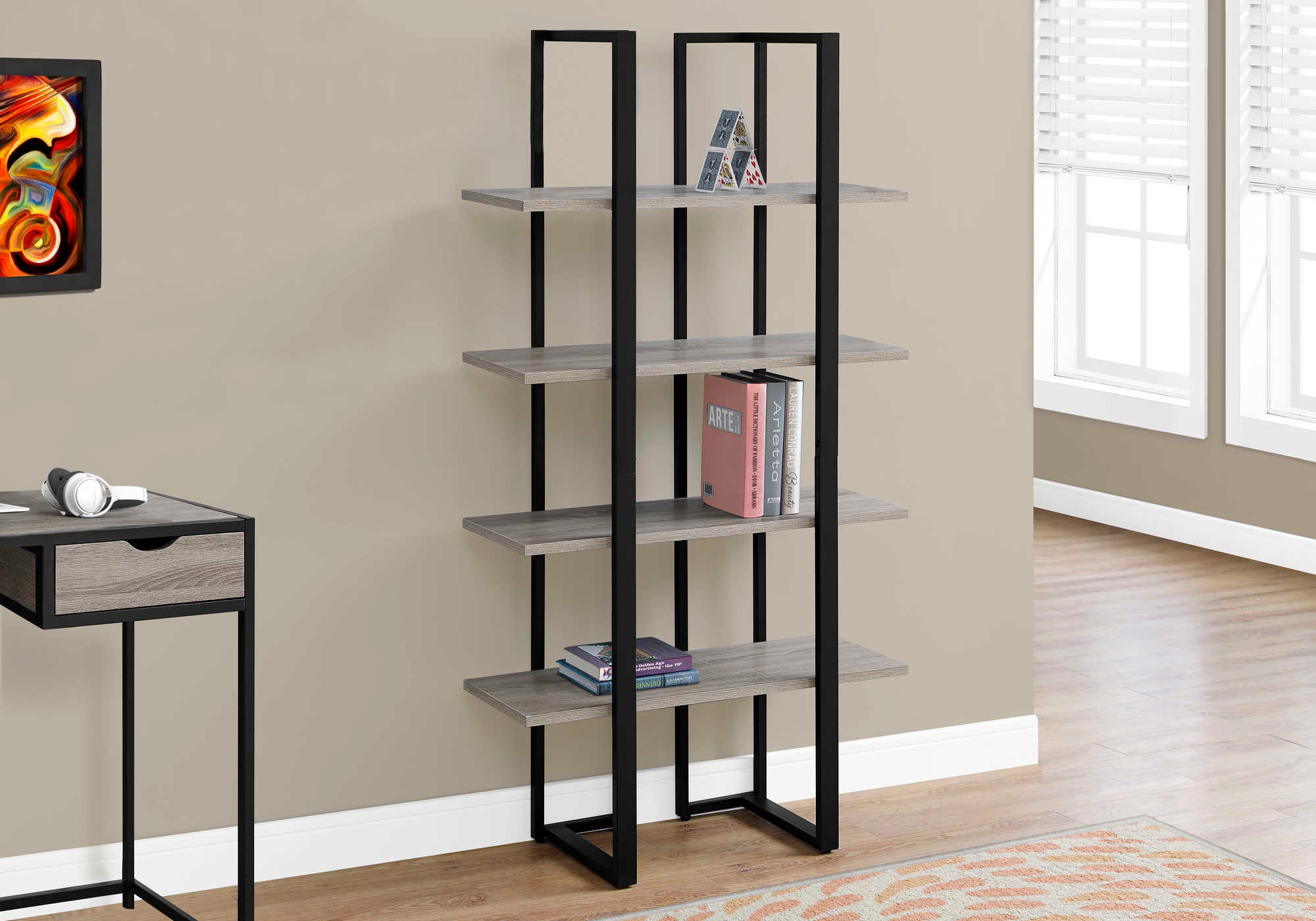 BOOKCASE - 60"H / DARK TAUPE / BLACK METAL