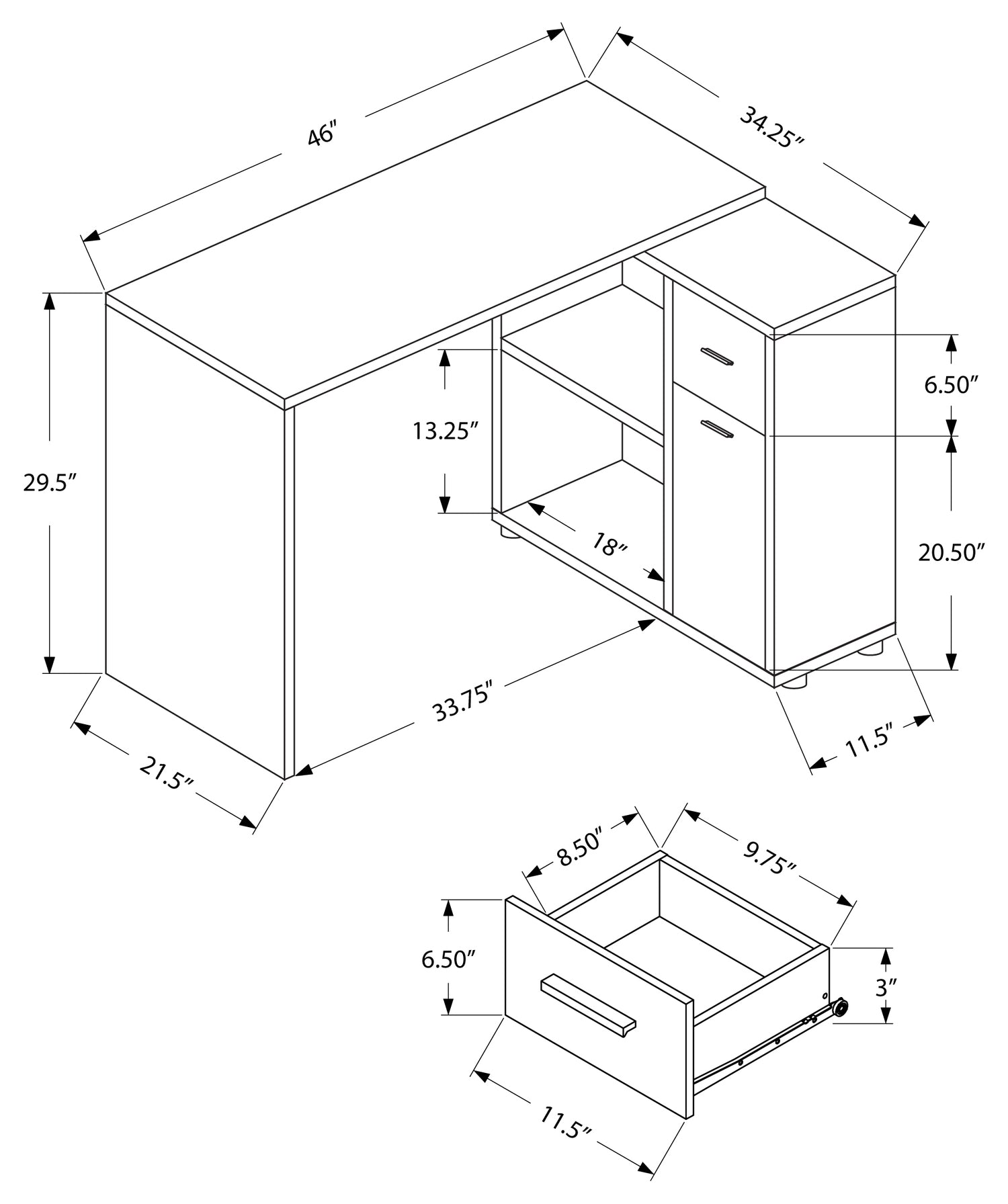 BUREAU D'ORDINATEUR - 46"L / GRIS INDUSTRIEL / ARMOIRE DE RANGEMENT