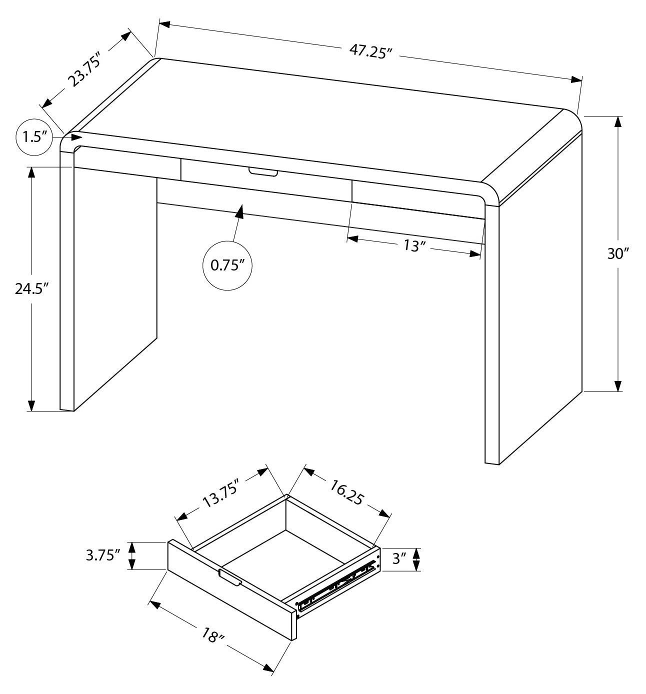 BUREAU D'ORDINATEUR - 48"L / BLANC BRILLANT / TIROIR DE RANGEMENT