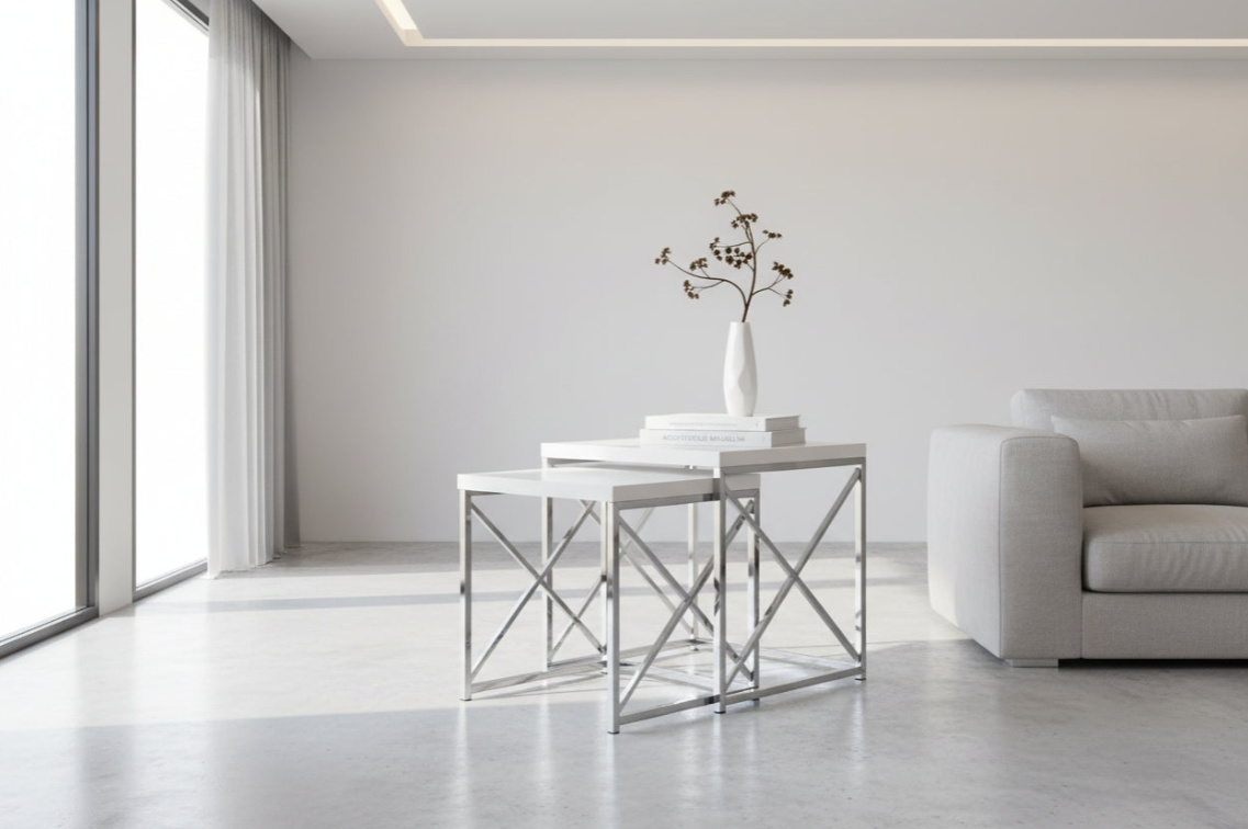 NESTING TABLE - 2PCS SET / GLOSSY WHITE / CHROME METAL