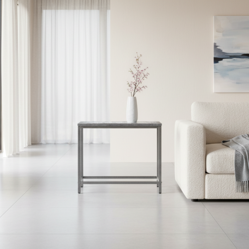 ACCENT TABLE - GREY / BLUE TILE TOP / HAMMERED SILVER